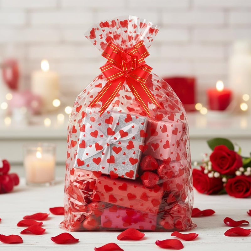 eowqeiur 10 Sets Large Valentines Cellophane Bags(20x28 Inch) with Pull Bows Red Heart Gift Goodie Basket Stocking Stuffers Wrap Valentine Day Galentines Party Decorations Favors Supplies Holiday Baggies - Image 4