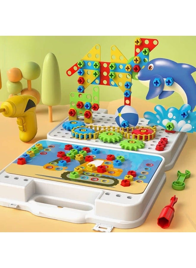 Children's Repair Toolbox Electric Drill Removable Screw Puzzle Assembled Toys Men's Play-house Toys-Color:[209 Pice Upgrade Double-sided Box Electric Screwdriver] Send Battery Screwdriver  - Image 2