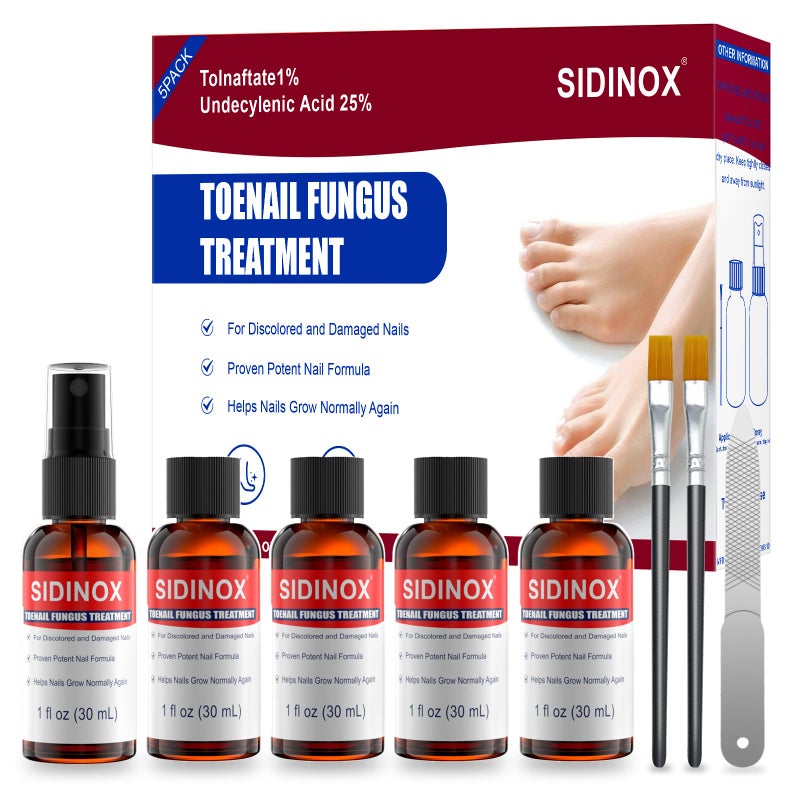 sidinox Toenail Fungus Treatment, Treatment Extra Strength with 25% Undecylenic Acid, Fungus Nail Treatment for Damaged Nails, Discolored, Thick Toenails, Help Nail Grow - (1 Fl Oz/30 ml x 5 Pack) - Image 1