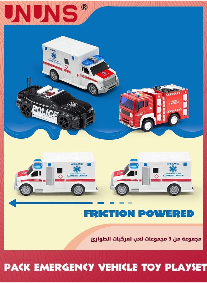 UNUNS 3 Pack Emergency Vehicle Toy Playsets-Ambulance,Fire Engine Truck,Police Car,Friction Powered Vehicles With Light And Sound,Vehicles Toy Set Toddlers Cars,Gifts For Toddler Kids Boys 3+  - Image 5