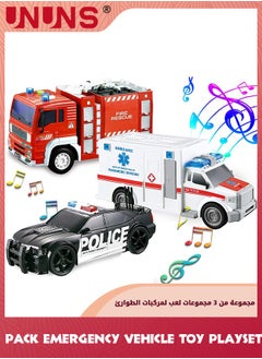UNUNS 3 Pack Emergency Vehicle Toy Playsets-Ambulance,Fire Engine Truck,Police Car,Friction Powered Vehicles With Light And Sound,Vehicles Toy Set Toddlers Cars,Gifts For Toddler Kids Boys 3+  - Image 1