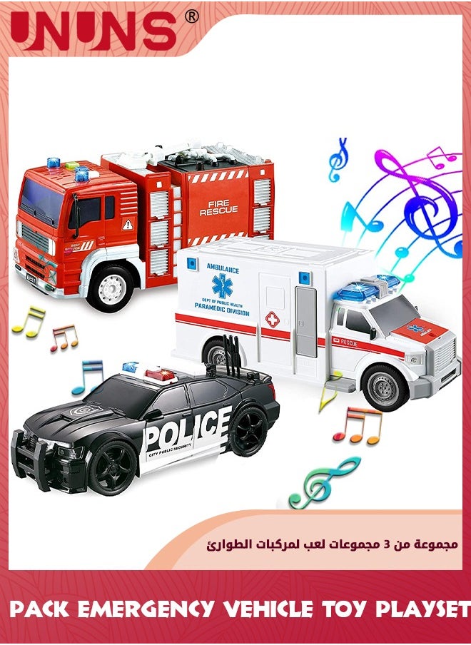 UNUNS 3 Pack Emergency Vehicle Toy Playsets-Ambulance,Fire Engine Truck,Police Car,Friction Powered Vehicles With Light And Sound,Vehicles Toy Set Toddlers Cars,Gifts For Toddler Kids Boys 3+  - Image 1
