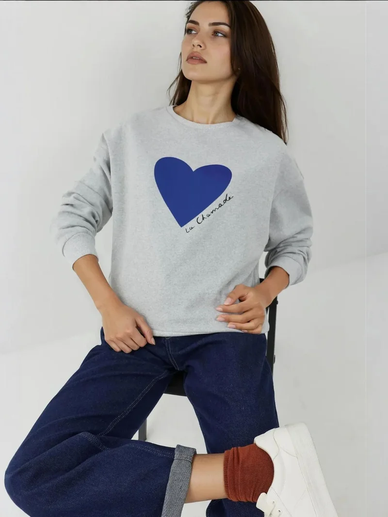 Hiccup Grey Printed Crew Neck Raised Sweatshirt for Women | Best Price UAE