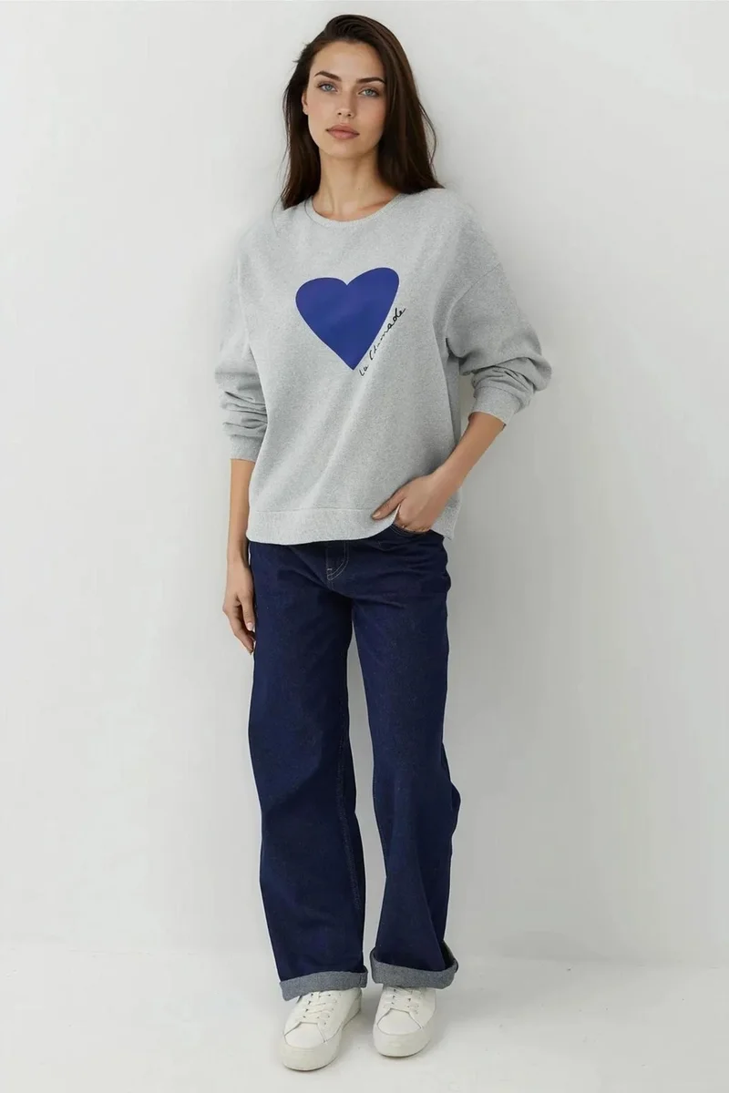 Hiccup Grey Printed Crew Neck Raised Sweatshirt for Women | Best Price UAE