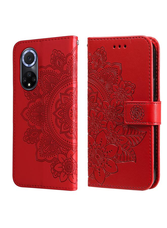 زبون جراب لهاتف Huawei nova 9 / Honor 50 جراب هاتف جلدي قابل للطي منقوش عليه زهور 7 بتلات مع حامل وفتحات للبطاقات - Image 1