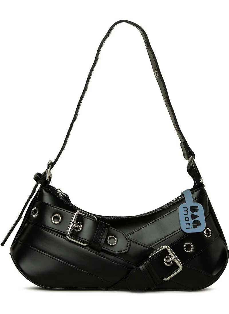 Bagmori Black Baguette Bag with Belt Accessory and Strap Detail
