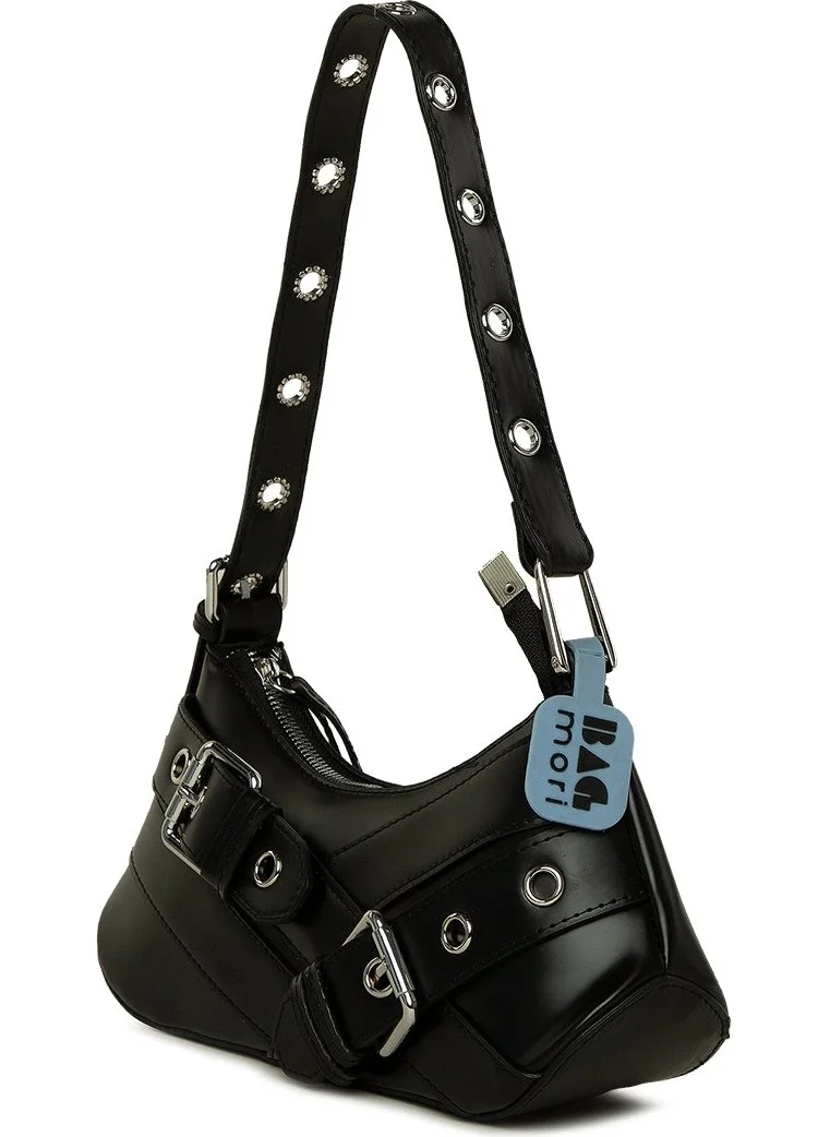 Bagmori Black Baguette Bag with Belt Accessory and Strap Detail