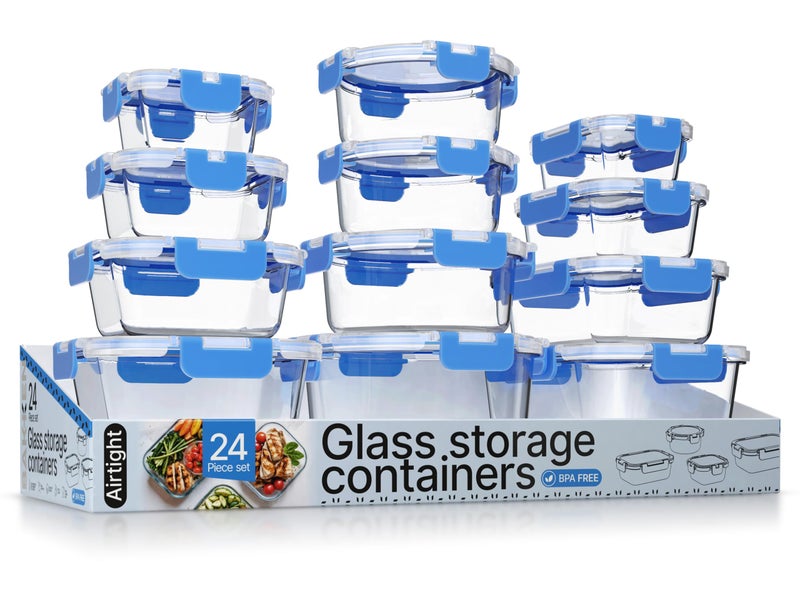 BAKKENMASTER Bakken Borosilicate Glass Food Storage Containers with Lids 24 Pieces, BPA-Free Stackable Lunch & Leftover Containers, Microwave, Freezer & Dishwasher Safe, 100% Airtight Leak-Proof, Blue - Image 1