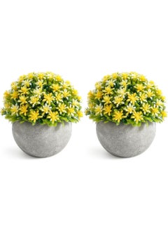 Rock Pow Yellow Mini Sage Green Potted Boxwood Topiary Artificial Plants for Home Decor Indoor, Farmhouse House Plant Office Small Desk Shelf Coffee Bar Bathroom Decor, Small Fake Plant  - Image 1