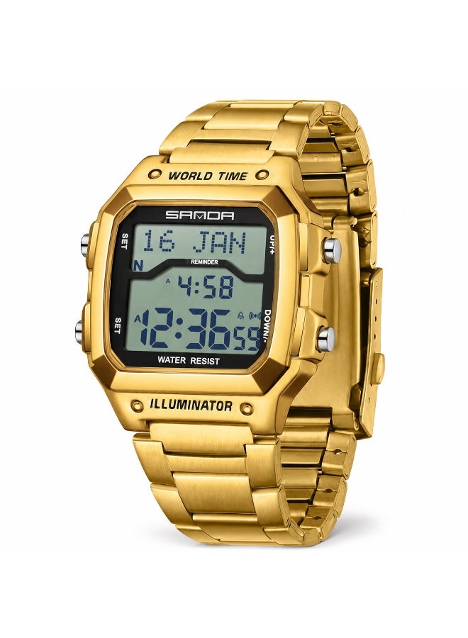 Men’s Stainless Steel Digital Sports Watch – Multi-Function LED Display Wristwatch with World Time, Dual Time Zone, Alarm, Stopwatch, Night Light & 30M Water Resistant Durable Metal Business Casual Watch - Image 1