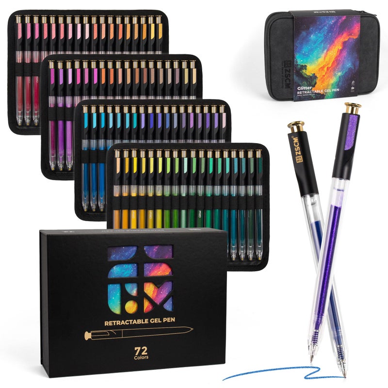 ZSCM Retractable Glitter Gel Pens,72 Colors Large Capacity Multicolor Glitter Metallic Gel Ink Pens, 1 mm Fine Point Smooth Writing Color Pens for Adult Coloring Book Note Taking Aesthetic Art Supplies - Image 1