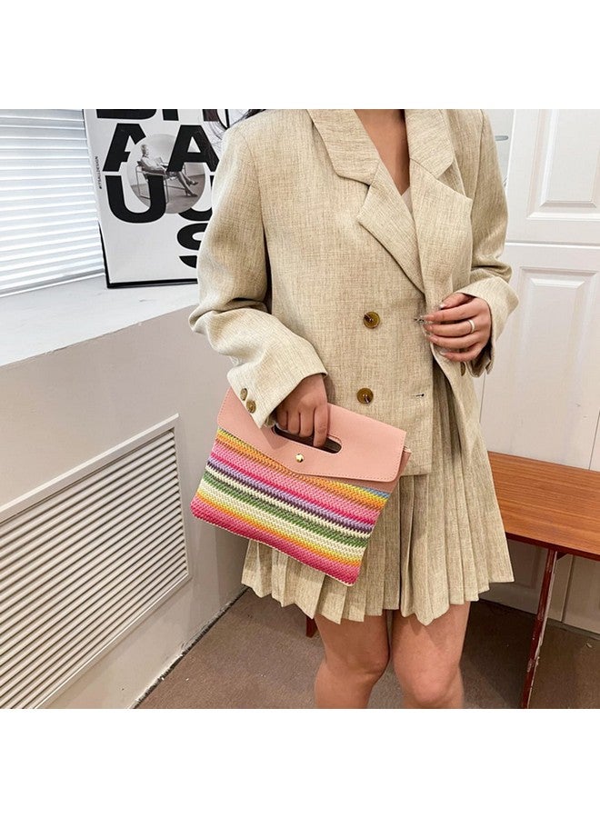 QTKJ Tote Bag for Women, Straw Clutch Purses, Pink Purse, Leather Carry Handle Envelope Package, Bohemian Colorful Hand Knitting Handbags, Beach Bag Suitable for Beach, Travel, Daily Matching (Pink) - Image 2
