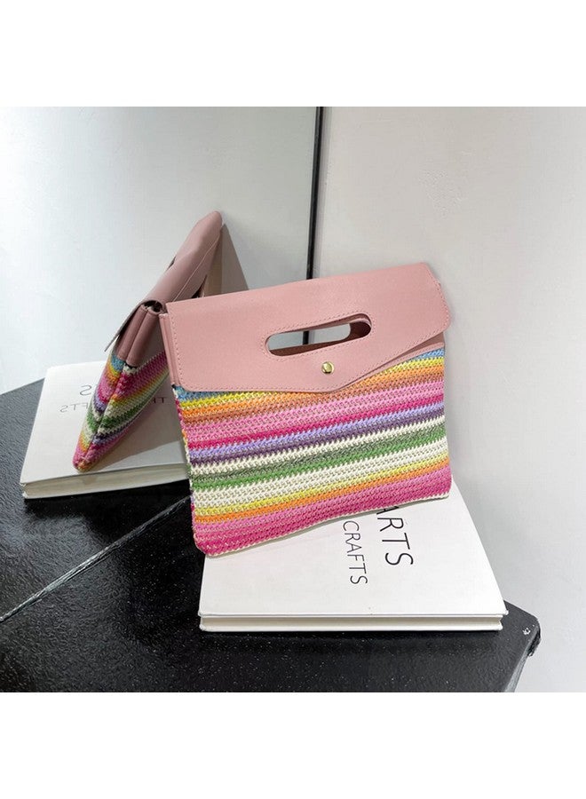 QTKJ Tote Bag for Women, Straw Clutch Purses, Pink Purse, Leather Carry Handle Envelope Package, Bohemian Colorful Hand Knitting Handbags, Beach Bag Suitable for Beach, Travel, Daily Matching (Pink) - Image 4