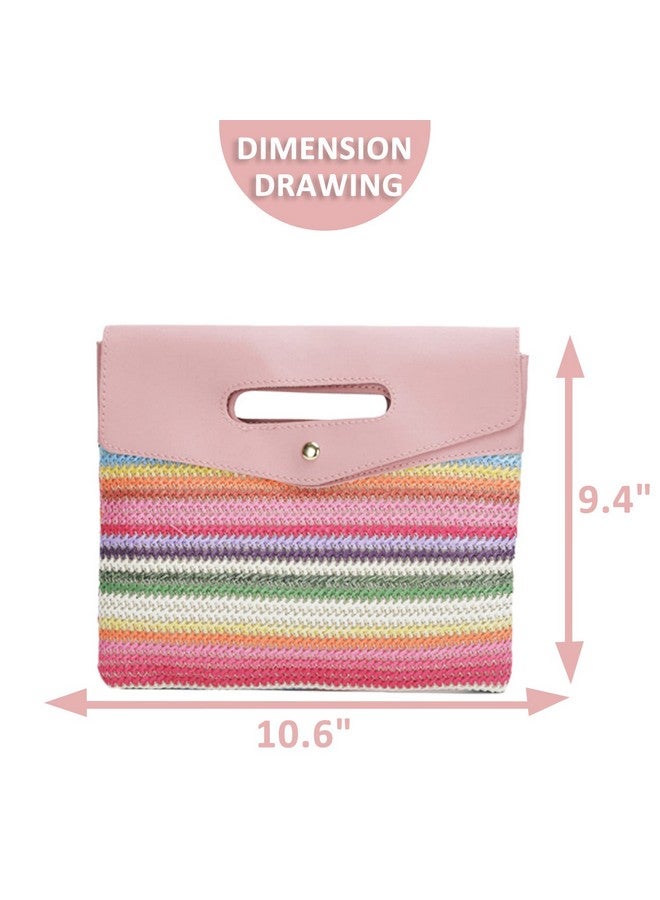 QTKJ Tote Bag for Women, Straw Clutch Purses, Pink Purse, Leather Carry Handle Envelope Package, Bohemian Colorful Hand Knitting Handbags, Beach Bag Suitable for Beach, Travel, Daily Matching (Pink) - Image 1