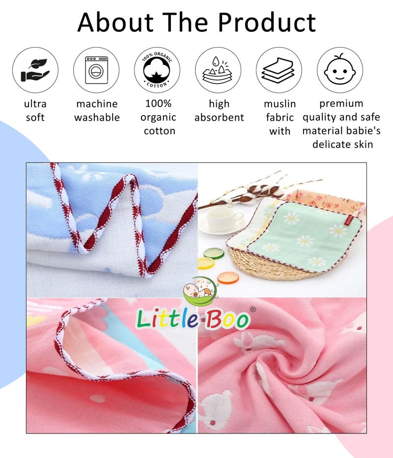 Little Boo Muslin 6 Layer Cotton Face Towels for Newborn Baby Extra Soft Hankies Reusable Napkins for Infants Toddlers/Kids (Pack of 5). Multicolor - Image 5