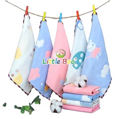 Little Boo Muslin 6 Layer Cotton Face Towels for Newborn Baby Extra Soft Hankies Reusable Napkins for Infants Toddlers/Kids (Pack of 5). Multicolor - Image 1