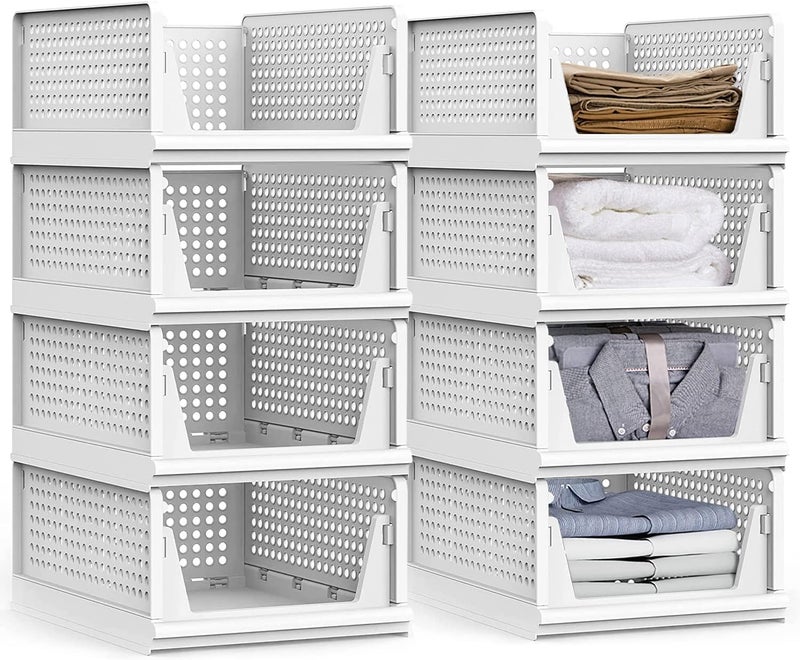 Lamok Stackable Wardrobe Organizer for Clothes - Multipurpose Foldable Plastic Closet Storage Organizer for Kitchen, Bedroom, Bathroom (Pack of 8, White) - Image 1