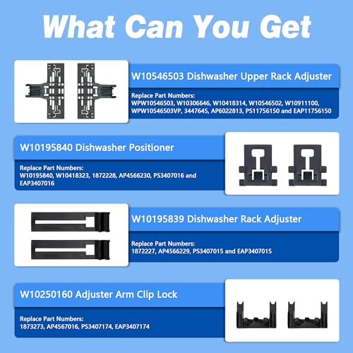 Funmit Upgraded WPW10546503 Dishwasher Top Rack Adjuster Compatible with Kitcheneaid Dishwasher Parts Upper Rack, Includes W10546503 W10195840 W10195839 W10250160 Part for Whirlpool kenmore Dishwasher, 8 PCS - Image 5