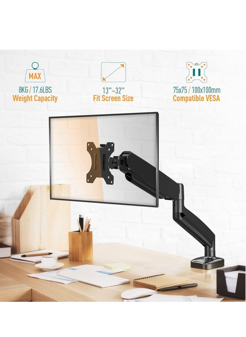 ELTRAZONE Single Monitor Arm for 13-32 Inch Monitors – Gas Spring Arm with 360° Rotation, VESA 75x75/100x100mm, C-Clamp & Grommet Base, Adjustable Stand for Monitors up to 8KG – Ergonomic & Space-Saving Monitor Mount  - Image 2