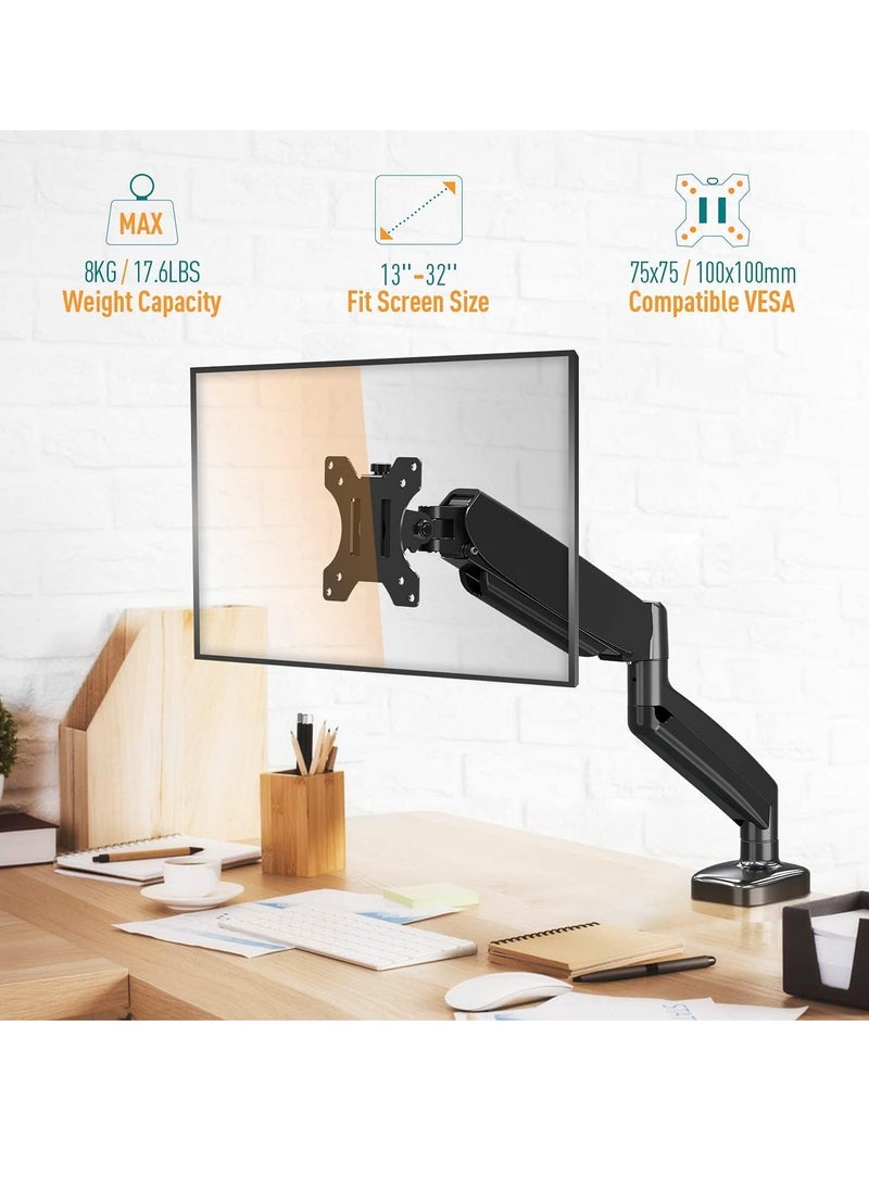 ELTRAZONE Single Monitor Arm for 13-32 Inch Monitors – Gas Spring Arm with 360° Rotation, VESA 75x75/100x100mm, C-Clamp & Grommet Base, Adjustable Stand for Monitors up to 8KG – Ergonomic & Space-Saving Monitor Mount  - Image 4