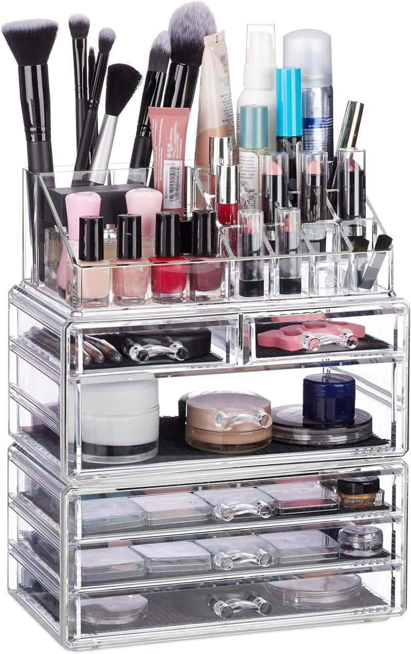 Relaxdays Organiser with 6 Drawers 22 Compartments for Makeup Storage Acrylic Cosmetic Tower Transparent
