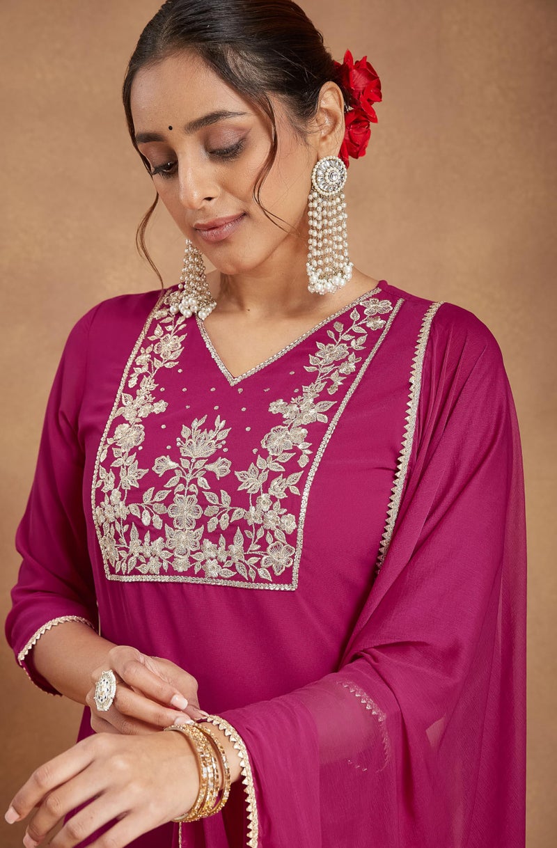Janasya Women's Pink Georgette Embroidered Straight Kurta with Sharara & Dupatta Set(JAB25ST02573-L) - Image 2