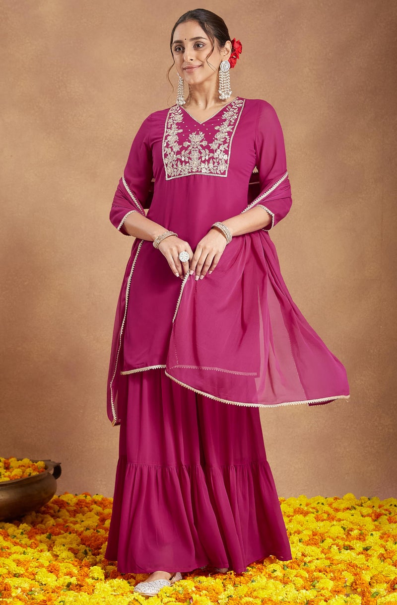 Janasya Women's Pink Georgette Embroidered Straight Kurta with Sharara & Dupatta Set(JAB25ST02573-L) - Image 5