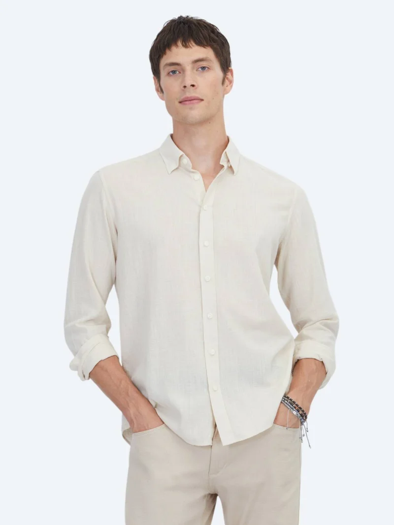 Kip Beige Plain Regular Fit Long Weaving Casual 100% Cotton Shirt