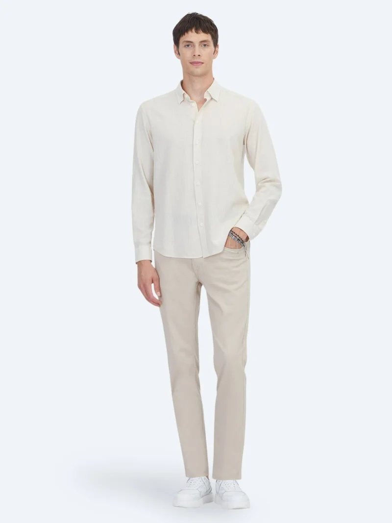 Kip Beige Plain Regular Fit Long Weaving Casual 100% Cotton Shirt