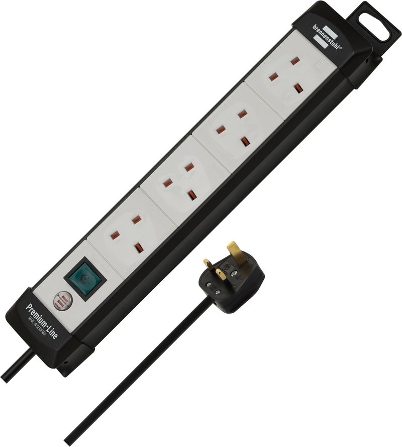 Brennenstuhl Premium Line 4-way extension lead with extra-long connection cable (5 meters), black/light-grey, illuminated On/Off switch, Made in Germany