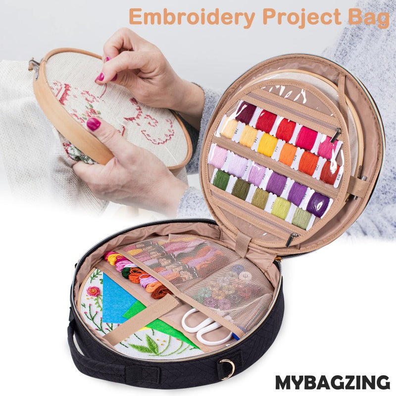 MYBAGZING | Round Embroidery Bag(Empty) - Embroidery Storage Bag -Cross Stitch Supplies Organizer with Multiple Pockets for Embroidery Kits, Cross Stitch Suppliers, Embroidery Floss (Bag Only) - Image 3