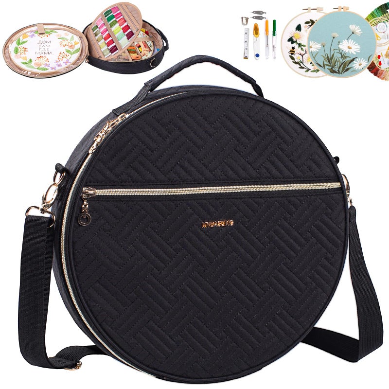 MYBAGZING | Round Embroidery Bag(Empty) - Embroidery Storage Bag -Cross Stitch Supplies Organizer with Multiple Pockets for Embroidery Kits, Cross Stitch Suppliers, Embroidery Floss (Bag Only) - Image 1