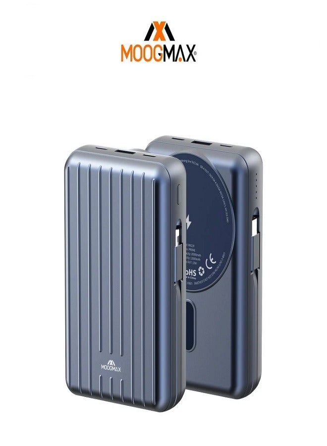 MOOGMAX trunk series retro magnetic wireless, power bank with capacity 10000mAh and voltage 22.5W supercharge and built-in 2 cables with wireless charging with voltage 15W and 3 outports 2 Type-c and 1 Type-A