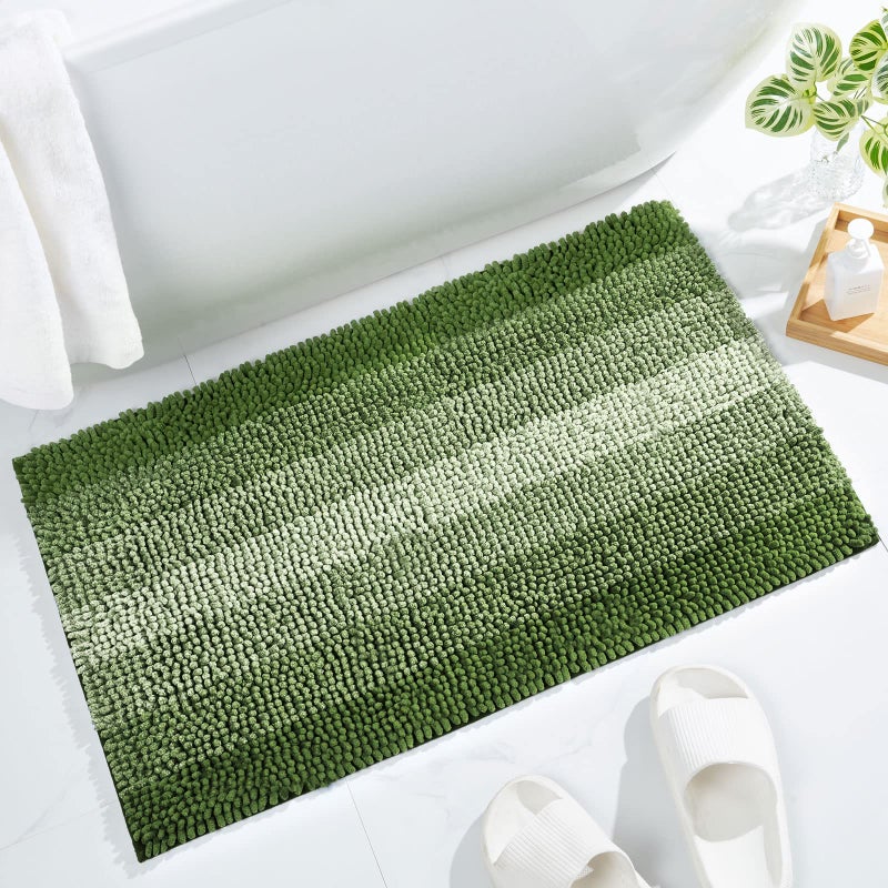 Gibelle Green Bathroom Rugs Luxury Chenille Bath Mat Small Non Slip Shower Rug and Bath Room Floor Mats Machine Washable Quick Dry Bathmat Soft Cozy Plush Rug for Tub 16 x 24