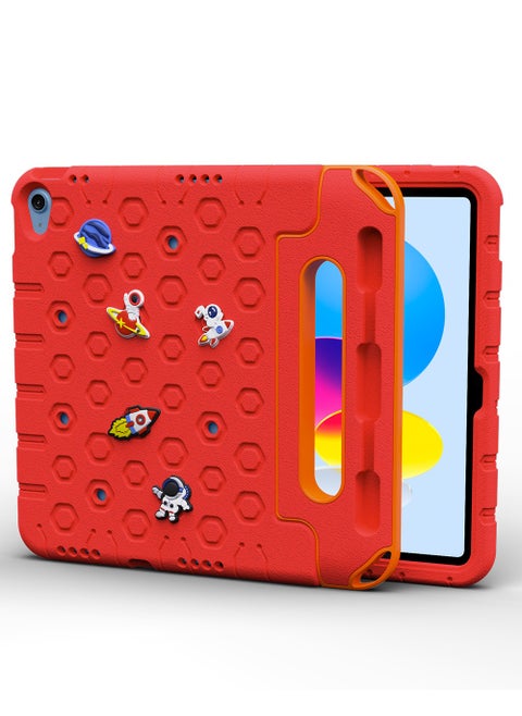 Moxedo Rugged Protective EVA Silicone Kids Case Cover, Shockproof DIY 3D Cartoon Pattern with Pencil Holder, Stand and Handle Grip Compatible for Apple iPad 2022 (10th Gen) 10.9 inch – Red
