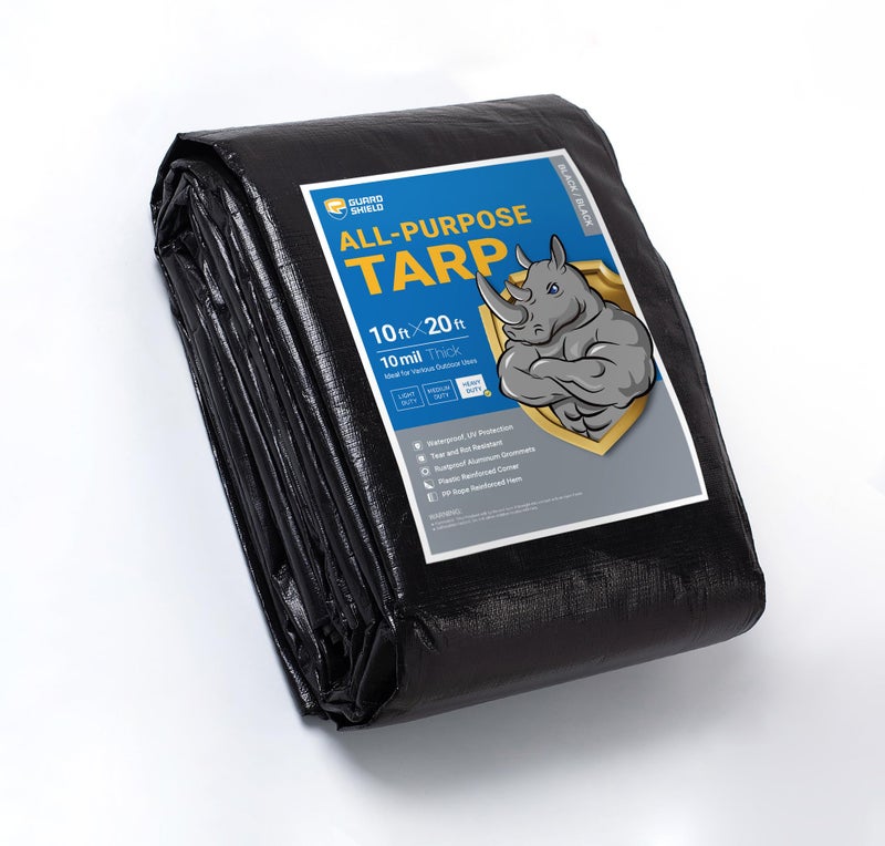 GUARD SHIELD Tarps Heavy Duty Waterproof 10x20 Feet Black Poly Tarp Cover Outdoor Thick UV Resistant Tarpaulin with Grommets 10mil - Image 1