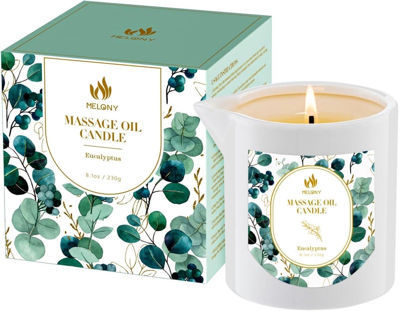 MELONY MELONY Massage Oil Candle, Essential Oil Infused, 8.1OZ, Low Temp Body Oil Candle, Intensive Skin Treatment Candle,Natural Soy Wax Lotion Candle for Relaxation, Romantic Gifts (Eucalyptus) 