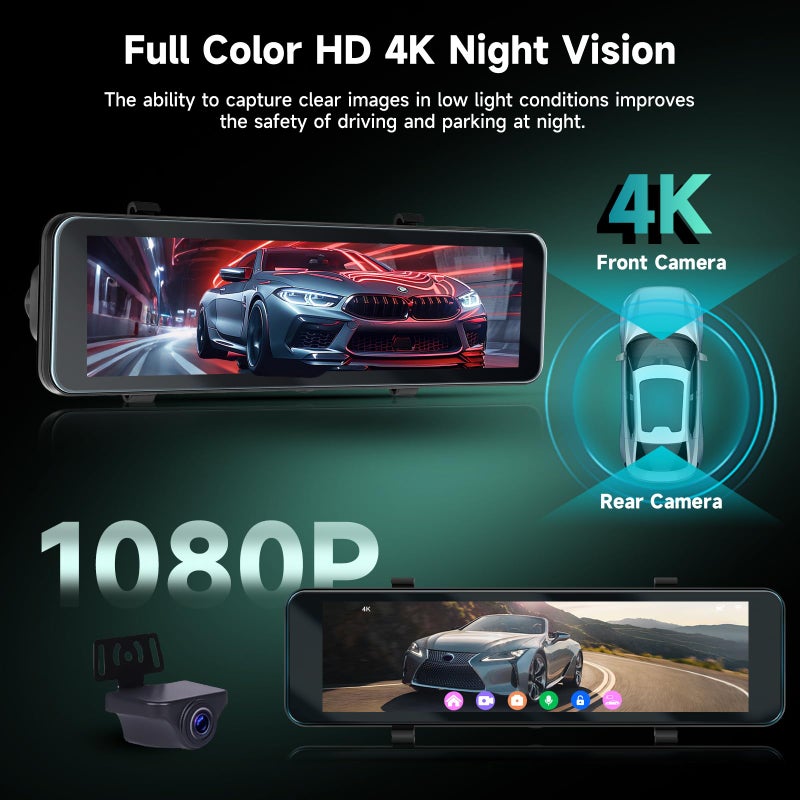Driauto 11 Inch 4K Mirror Dash Cam Front and Rear View Mirror Camera with ADAS BSD and LCA, GPS Dash Camera for Car, Rearview Mirror Camera with WiFi G-Sensor Night Vision Loop Recroding+ 64G SD Card - Image 2