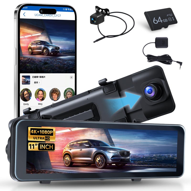 Driauto 11 Inch 4K Mirror Dash Cam Front and Rear View Mirror Camera with ADAS BSD and LCA, GPS Dash Camera for Car, Rearview Mirror Camera with WiFi G-Sensor Night Vision Loop Recroding+ 64G SD Card - Image 1