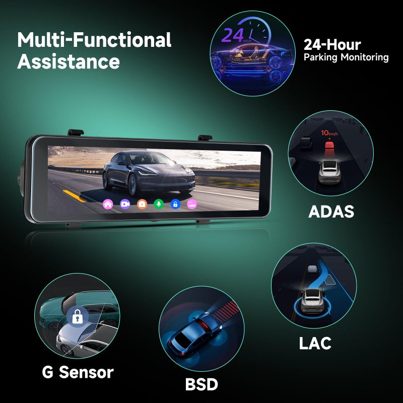 Driauto 11 Inch 4K Mirror Dash Cam Front and Rear View Mirror Camera with ADAS BSD and LCA, GPS Dash Camera for Car, Rearview Mirror Camera with WiFi G-Sensor Night Vision Loop Recroding+ 64G SD Card - Image 3