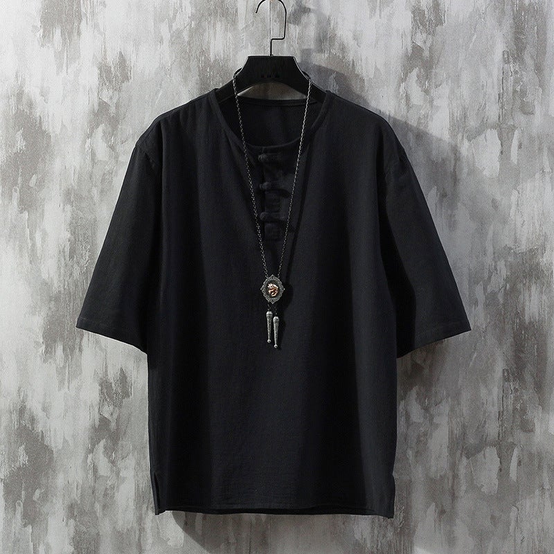 Summer New Arrival Linen Short-sleeved T-shirt Retro Chinese Style Large Size Round Neck Buckle Half-sleeved Loose T-shirt for Men - Image 1