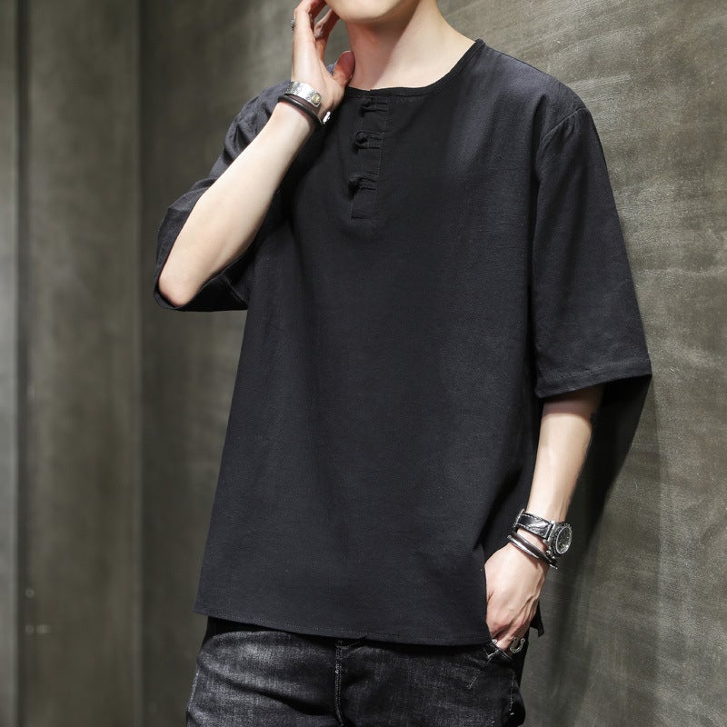 Summer New Arrival Linen Short-sleeved T-shirt Retro Chinese Style Large Size Round Neck Buckle Half-sleeved Loose T-shirt for Men - Image 3