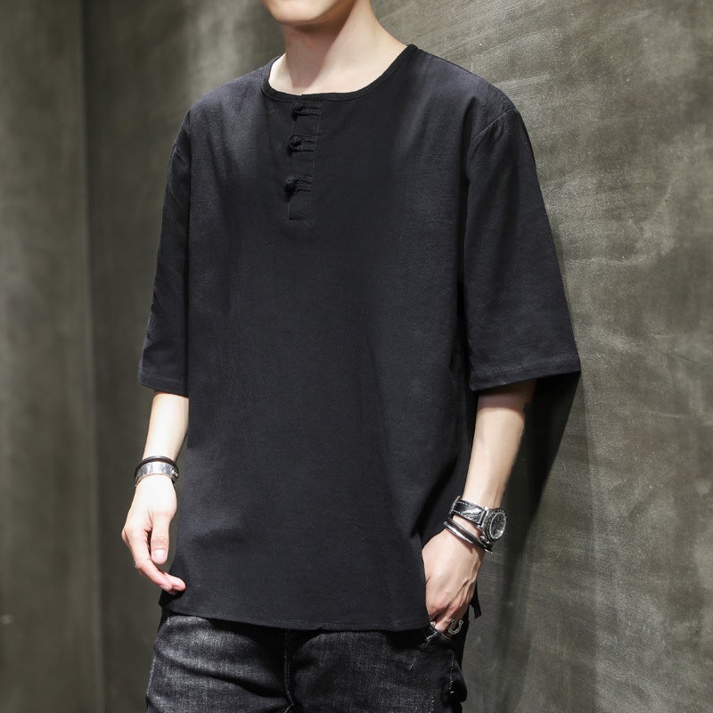 Summer New Arrival Linen Short-sleeved T-shirt Retro Chinese Style Large Size Round Neck Buckle Half-sleeved Loose T-shirt for Men - Image 5