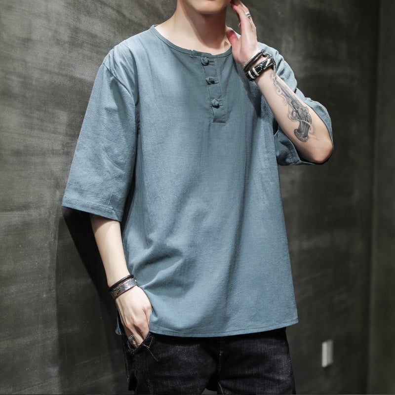 Summer New Arrival Linen Short-sleeved T-shirt Retro Chinese Style Large Size Round Neck Buckle Half-sleeved Loose T-shirt for Men - Image 4