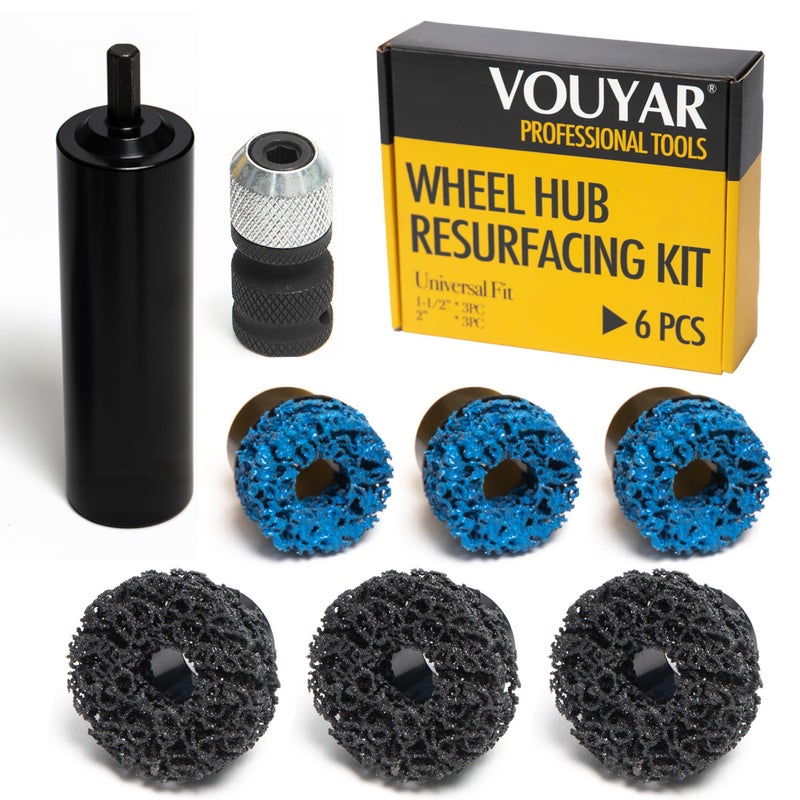 Vouyar Wheel Hub Resurfacing Kit, Metal Housing, Brake Surface and Stud Cleaner, Includes 6Pcs 1.5" and 2" Brake Disc Cleaning Pads, 1/4 Hex Shank with 1/2" Impact Driven Wrenches Adapter - Image 1