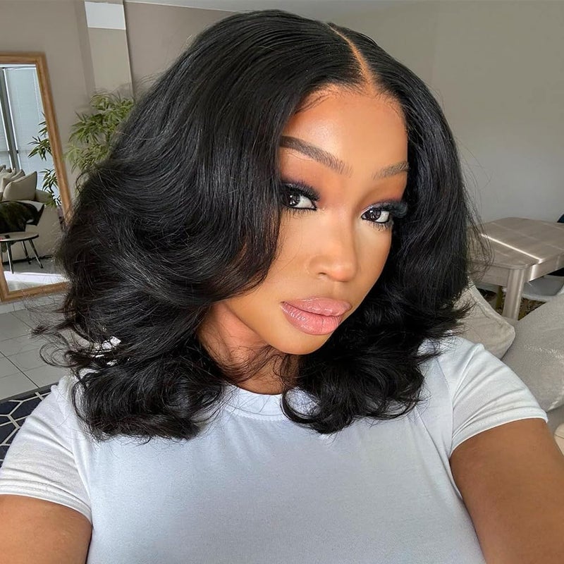 Tinashe Bob Wig Human Hair Wear and Go Glueless Wigs Human Hair Pre Plucked Pre Cut 180% Body Wave 5x6 Lace Front Short Bob Wigs Human Hair for Black Women-Natrual Black,14inch. - Image 1