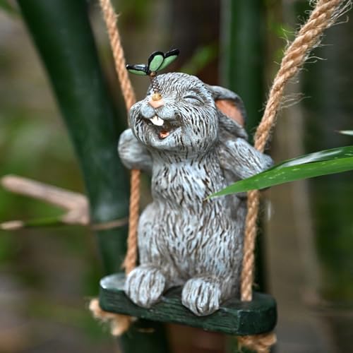 OwMell Garden Rabbit Statues, Cute Swing Bunny with Butterfly Statue Decoration for Yard Hanging Outdoor, Tree Ornaments Figurine for Stump Branch Lawn Patio Decor - Image 2