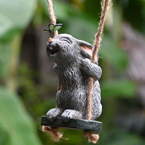 OwMell Garden Rabbit Statues, Cute Swing Bunny with Butterfly Statue Decoration for Yard Hanging Outdoor, Tree Ornaments Figurine for Stump Branch Lawn Patio Decor - Image 1