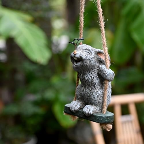 OwMell Garden Rabbit Statues, Cute Swing Bunny with Butterfly Statue Decoration for Yard Hanging Outdoor, Tree Ornaments Figurine for Stump Branch Lawn Patio Decor - Image 4