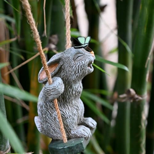 OwMell Garden Rabbit Statues, Cute Swing Bunny with Butterfly Statue Decoration for Yard Hanging Outdoor, Tree Ornaments Figurine for Stump Branch Lawn Patio Decor - Image 3